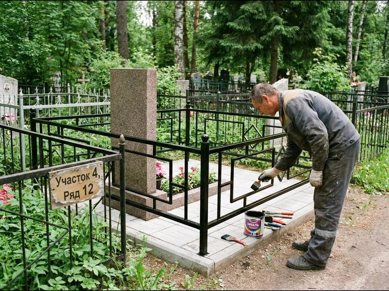 Покраска оградки на кладбище в Сочи — мастер красит металлическую ограду на могиле чёрной эмалью