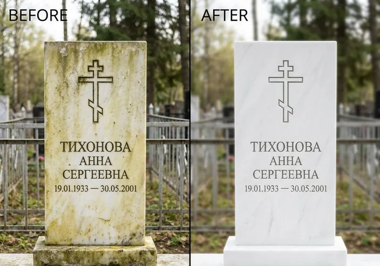 Восстановление мраморного надгробия от желтизны: до и после в Сочи