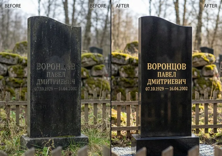 Золочение и обновление надписей на памятнике: до и после в Сочи