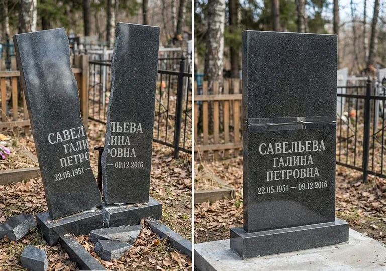 Склейка расколотого гранитного памятника: до и после в Сочи