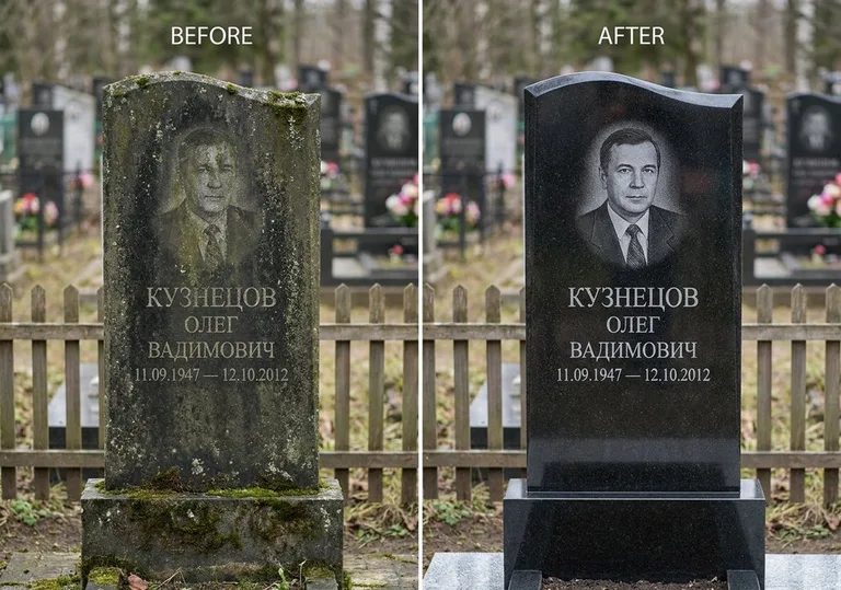 Реставрация гранитного памятника: до и после чистки и полировки в Сочи