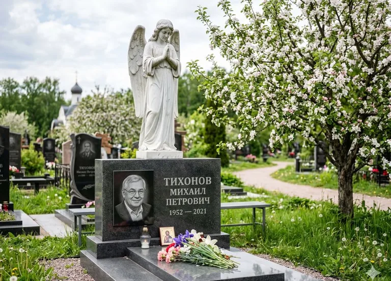Мраморный молящийся ангел на гранитном памятнике весной в Сочи