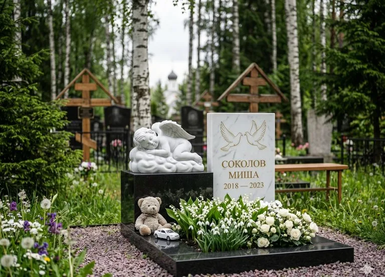 Белый ангелочек на детском памятнике в Сочи