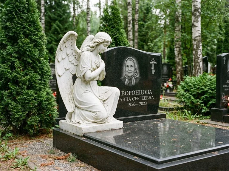 Белый мраморный ангел на гранитном памятнике в Сочи