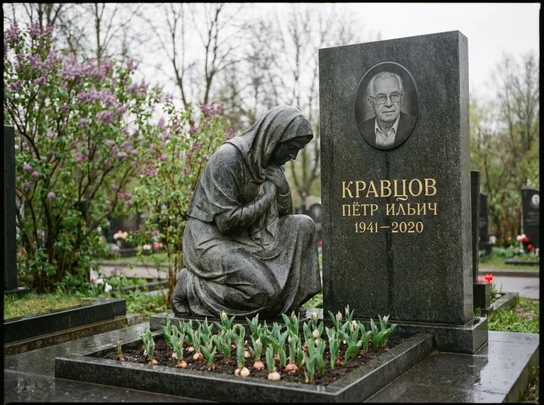 Гранитная скорбящая фигура у стелы на кладбище в Сочи