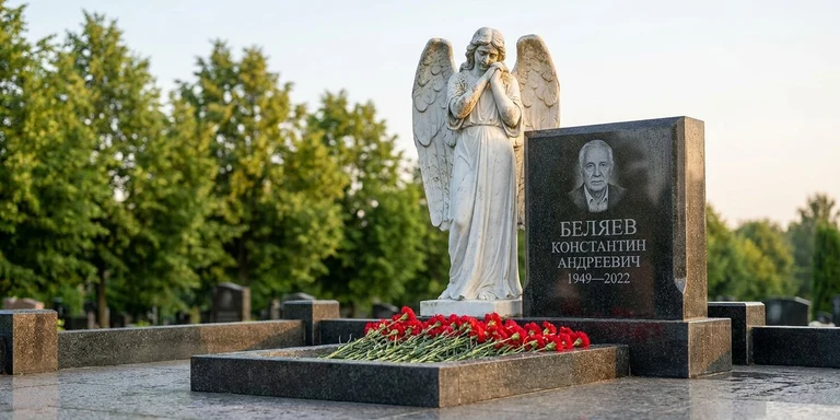 Скульптура на памятник в Сочи — мраморный ангел на гранитном мемориале