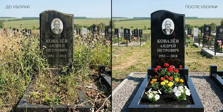 Уборка могилы до и после — ухоженный участок в Сочи