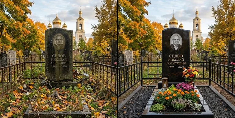 Уборка могилы до и после осенью — у церкви в Сочи