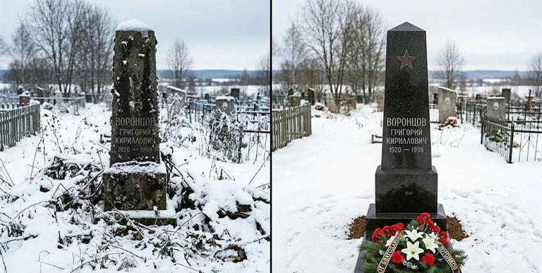 Уборка могилы до и после зимой — воинский обелиск в Сочи