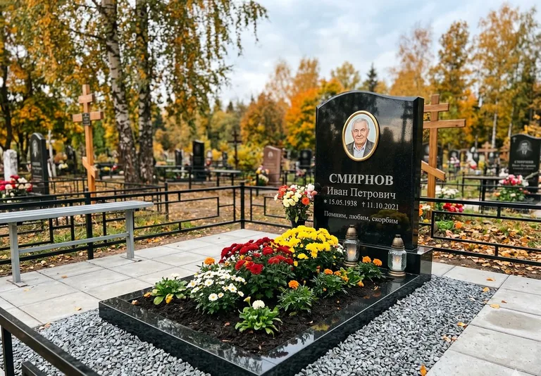 Ухоженная могила после уборки и мойки памятника в Сочи