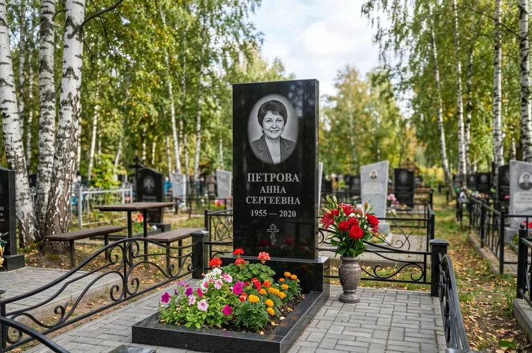 Гранитный памятник с цветником и плиткой в Сочи
