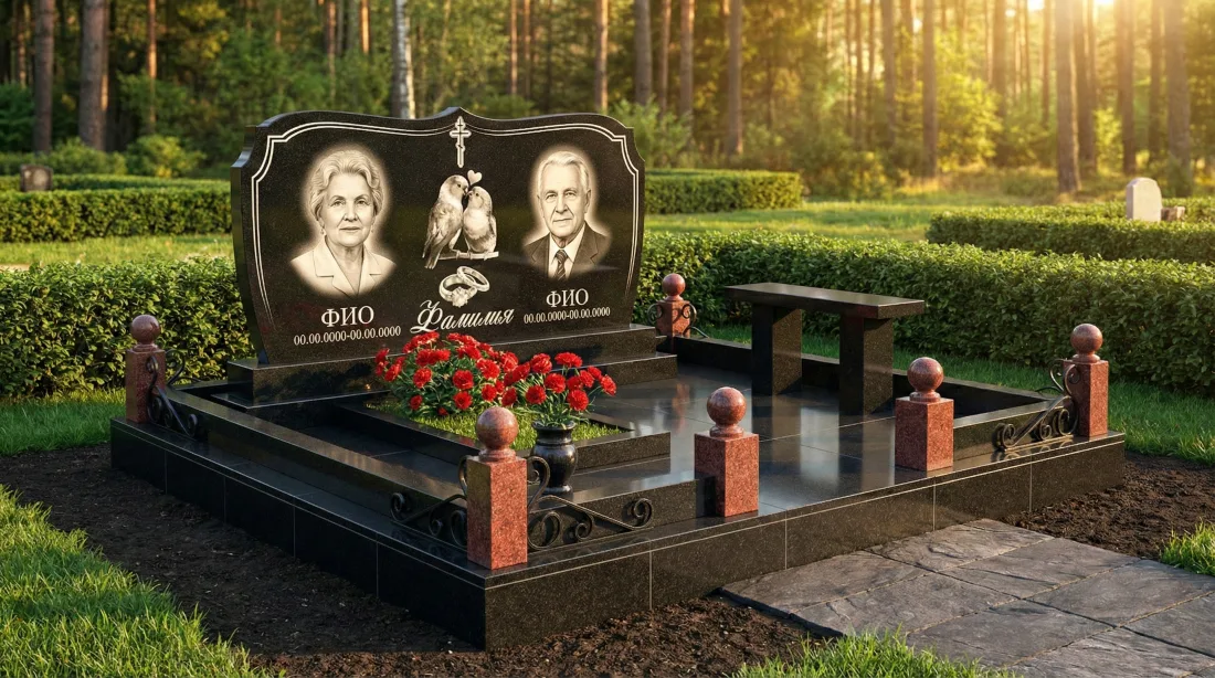 Памятник родителям из чёрного гранита, два портрета, гравировка голубей, скамья и красные гвоздики Памятник родителям из чёрного гранита, два портрета, гравировка голубей, скамья и красные гвоздики