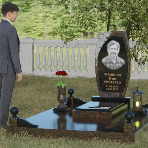 Мемориал с резьбой розы и асимметричной стелой, гранит Габбро-диабаз, вид 4