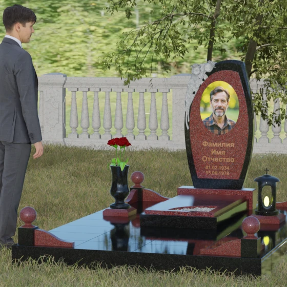 Мемориал с резьбой розы и асимметричной стелой, гранит Лезниковский, вид 4