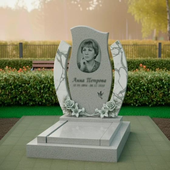 Комбинированный памятник с резьбой роз и голубем, гранит Мансуровский