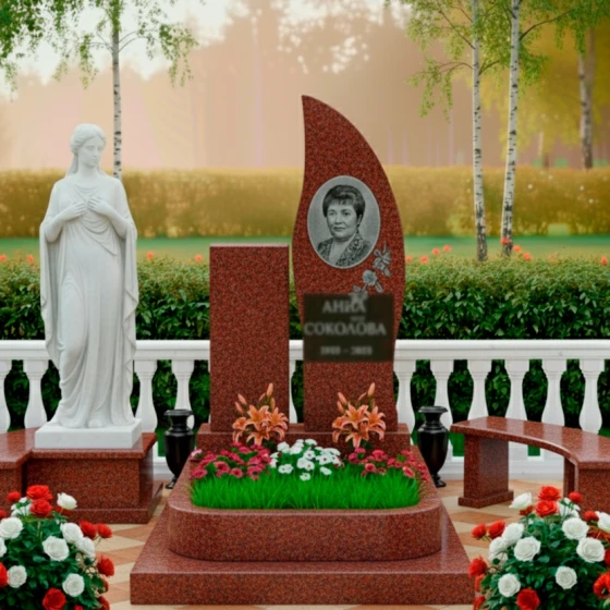 Элитный памятник с лилией и асимметричной волной, гранит Лезниковский