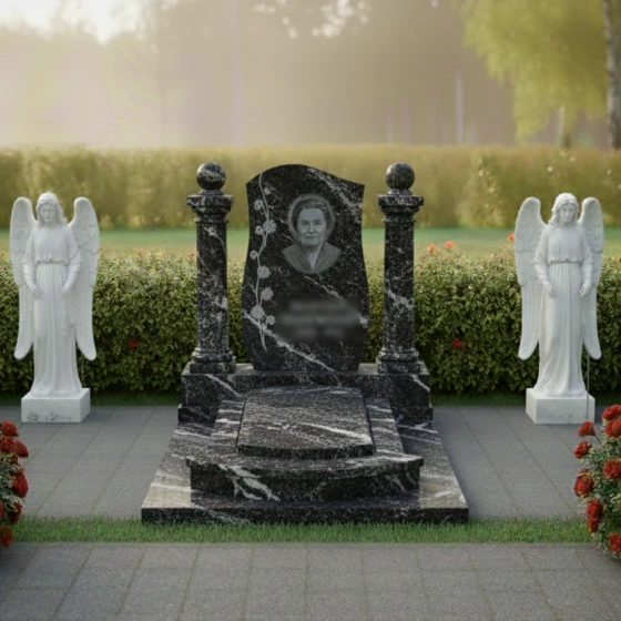 Элитный гранитный памятник с колоннами и волнообразной стелой, гранит амфиболит