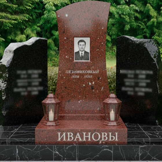 Православный гранитный памятник с крестом и глыбами, гранит Лезниковский
