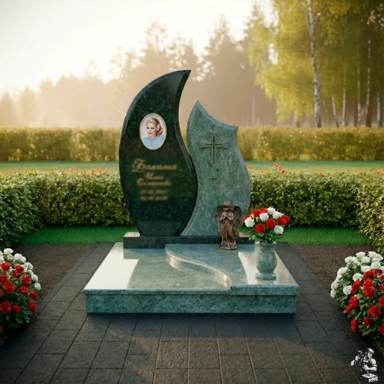 Комбинированный памятник с крестом и ангелом, гранит Балтик грин