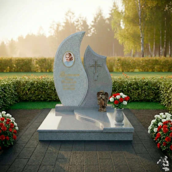 Комбинированный памятник с крестом и ангелом, гранит Мансуровский