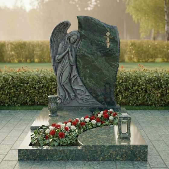Гранитный памятник со скорбящим ангелом, гранит Балтик грин