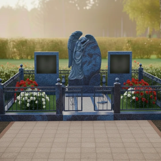 Мемориал с ангелом и овальной стелой из гранита, гранит Блю Перл