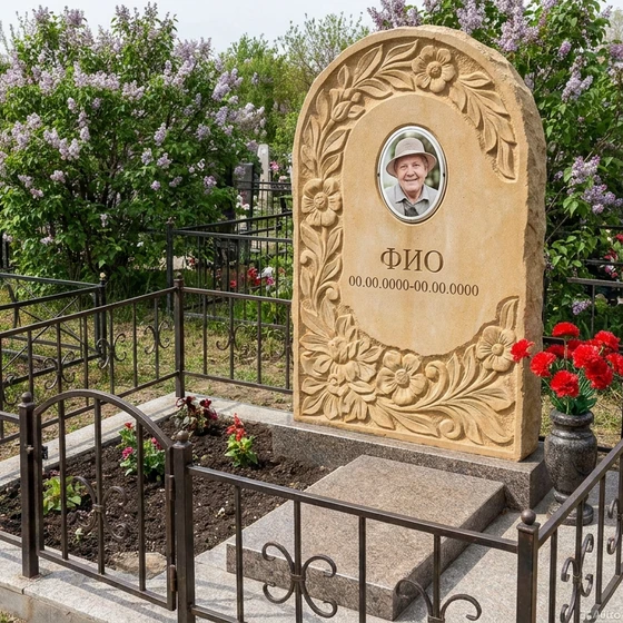 Памятник из светлого известняка в форме арки с цветами