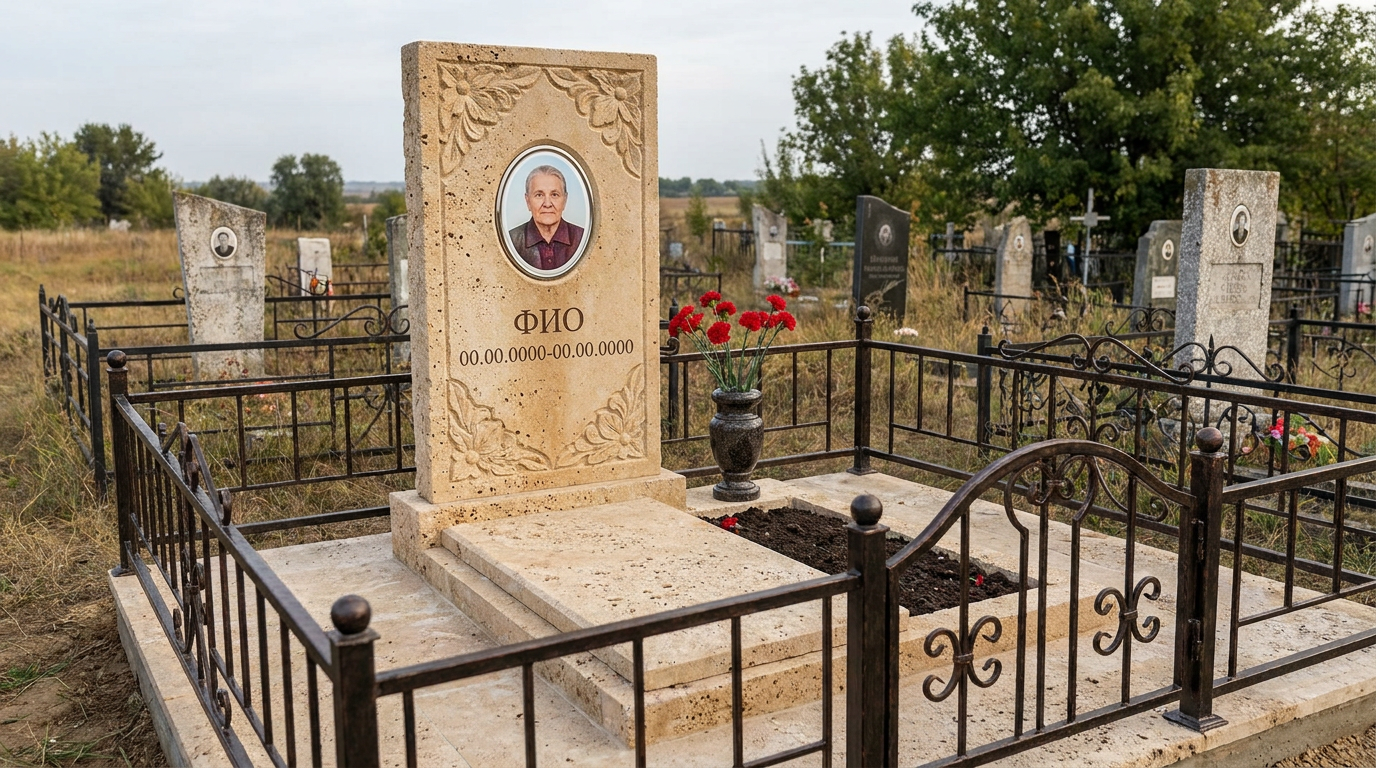 Пример дизайна: Памятник из светлого известняка с цветами