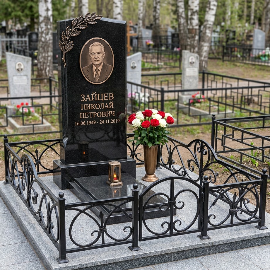 Пример дизайна: Памятник из черного гранита и металла — фото и цена