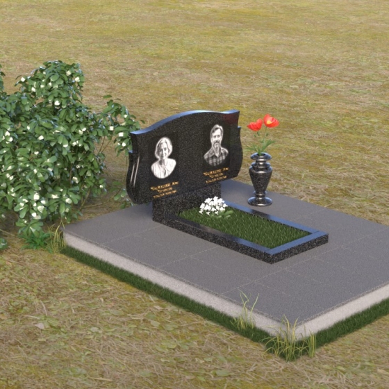 Мемориальная композиция с волнообразной стелой для двух усопших, гранит Габбро-диабаз, вид 2