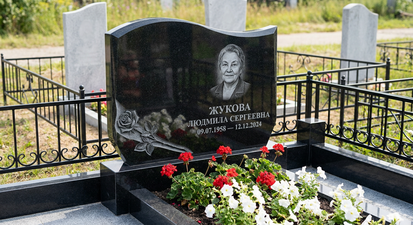 Пример дизайна: Волнообразная стела с розой из черного габбро-диабаза