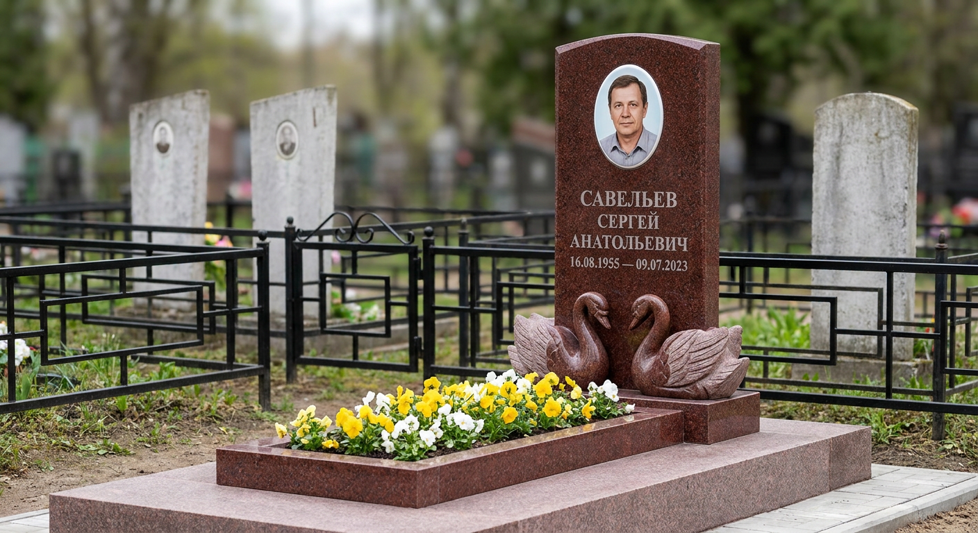 Пример дизайна: Памятник с парой лебедей из лезниковского гранита с фотокерамикой