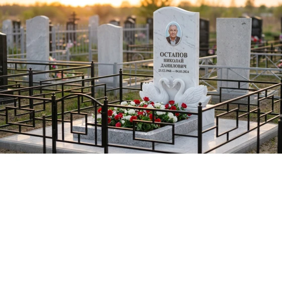 беломраморный памятник с лебедем и портретом