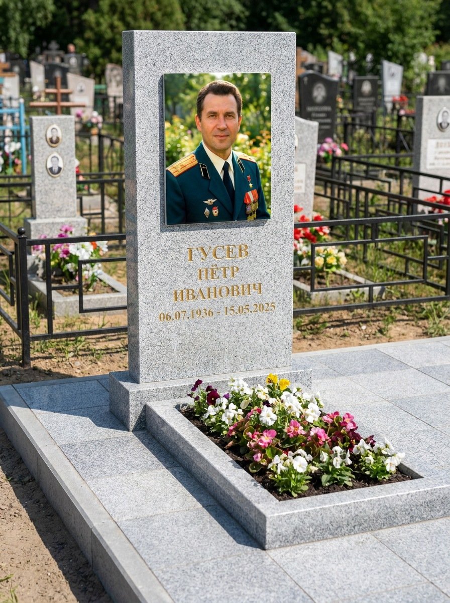 Портрет на памятнике в Сочи — Прямоугольник на гранитной стеле, ФИО и даты на портрете